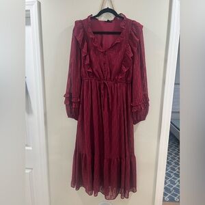 Chic Maroon Ruffle Long Sleeve Dress